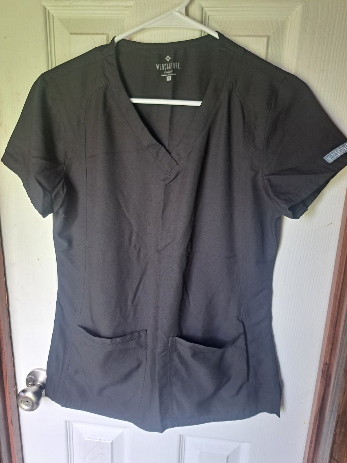 Med Couture Insight Women VNeck Scrub Top Black Sze S 3Pocket Nursing Medical#15