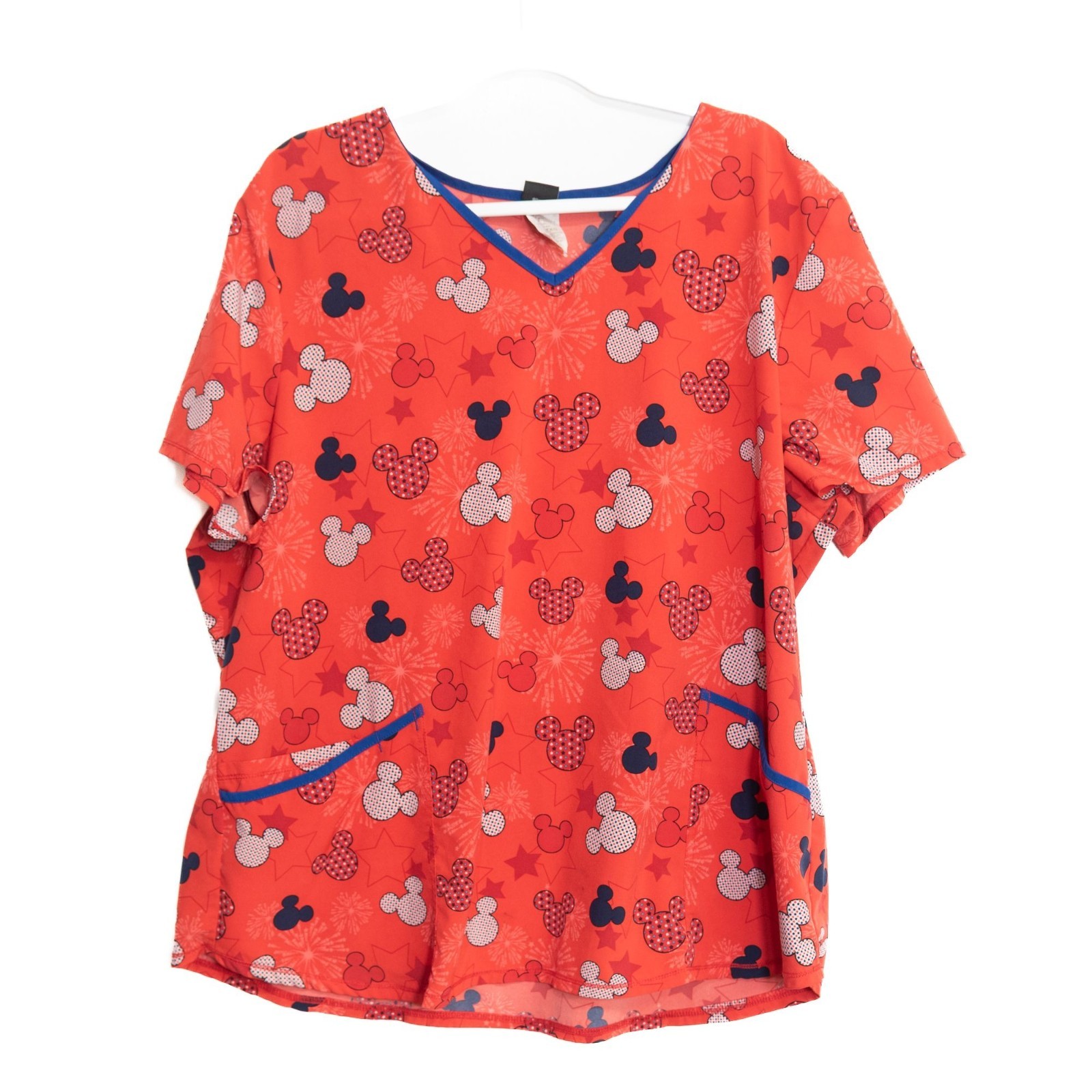 Disney Size 2XL Mickey Mouse Print V Neck Scrub Top Red Navy Blue Trim