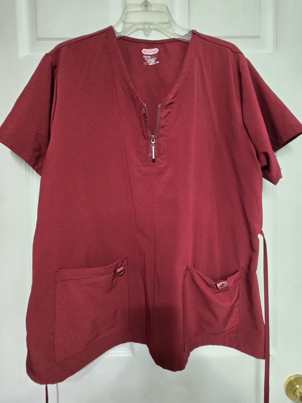 SCRUBAID 4-Way Stretch Scrub Top size 2XL-Wine Mid-Zip Front-Chest 24.5″/L 28″