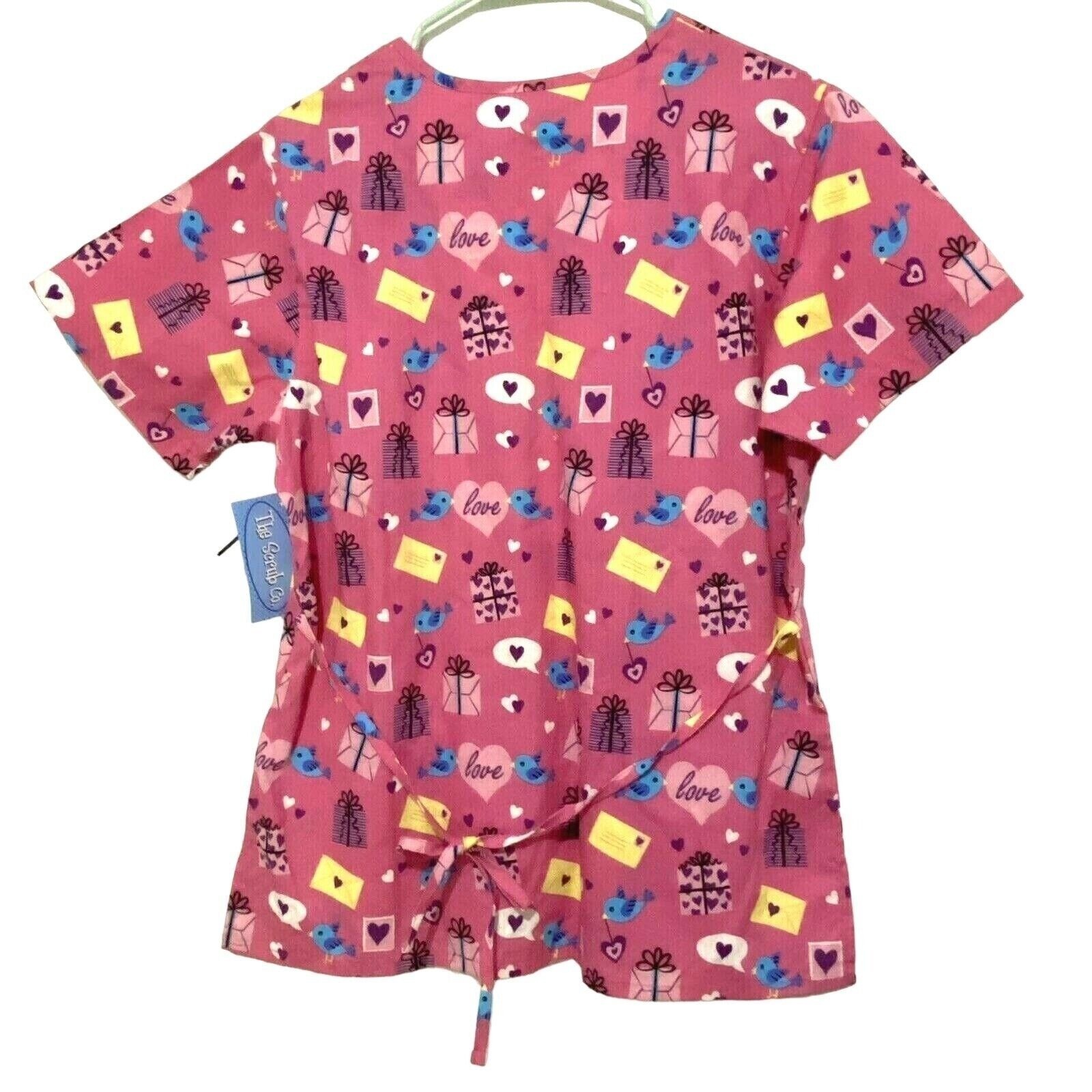 The Scrub Co Valentine Top M Pink Nurse Vet Tech Medical Uniform Hearts Birds