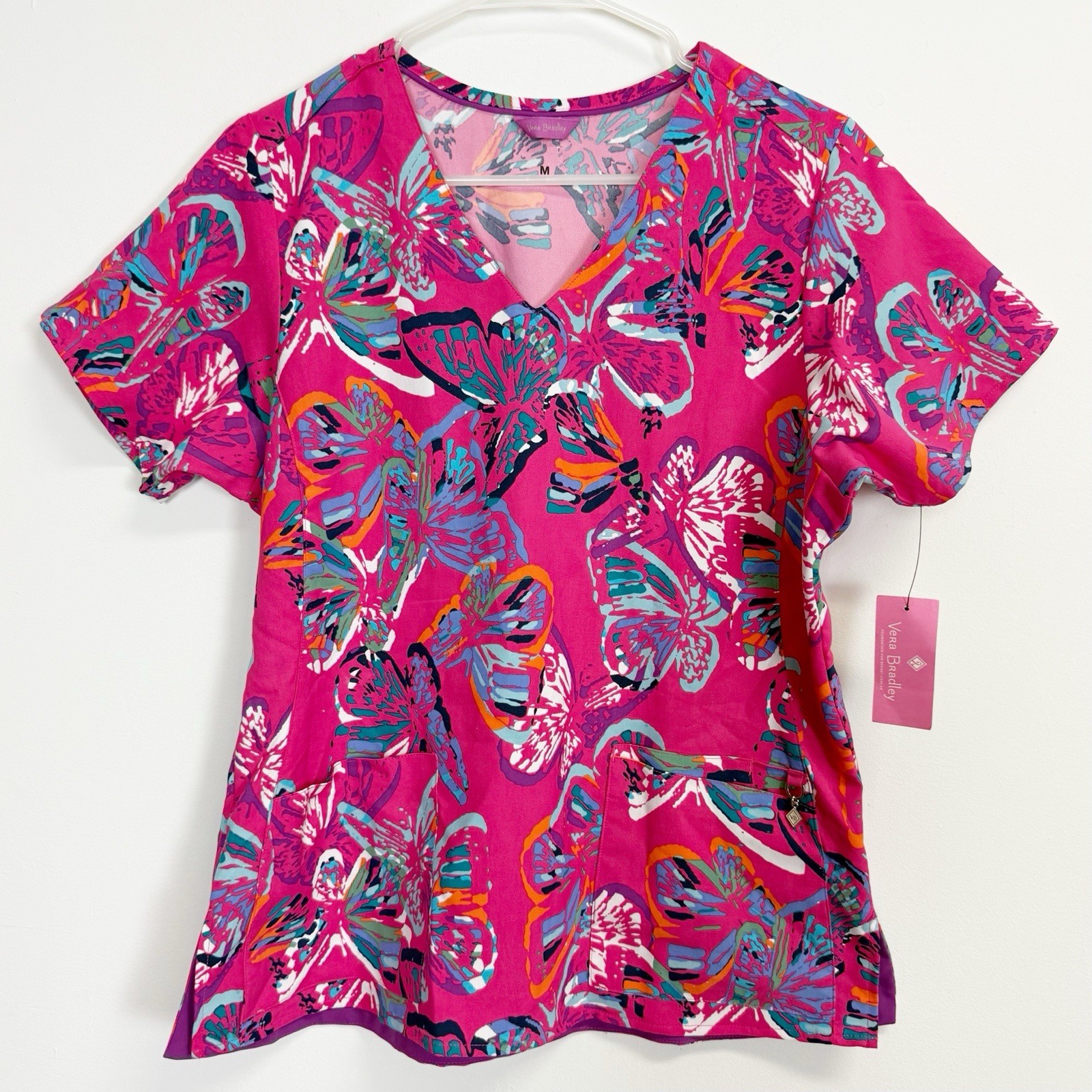Vera Bradly Scrub Top Womens Medium Short Sleeve VNeck Pink Butterfly NWT