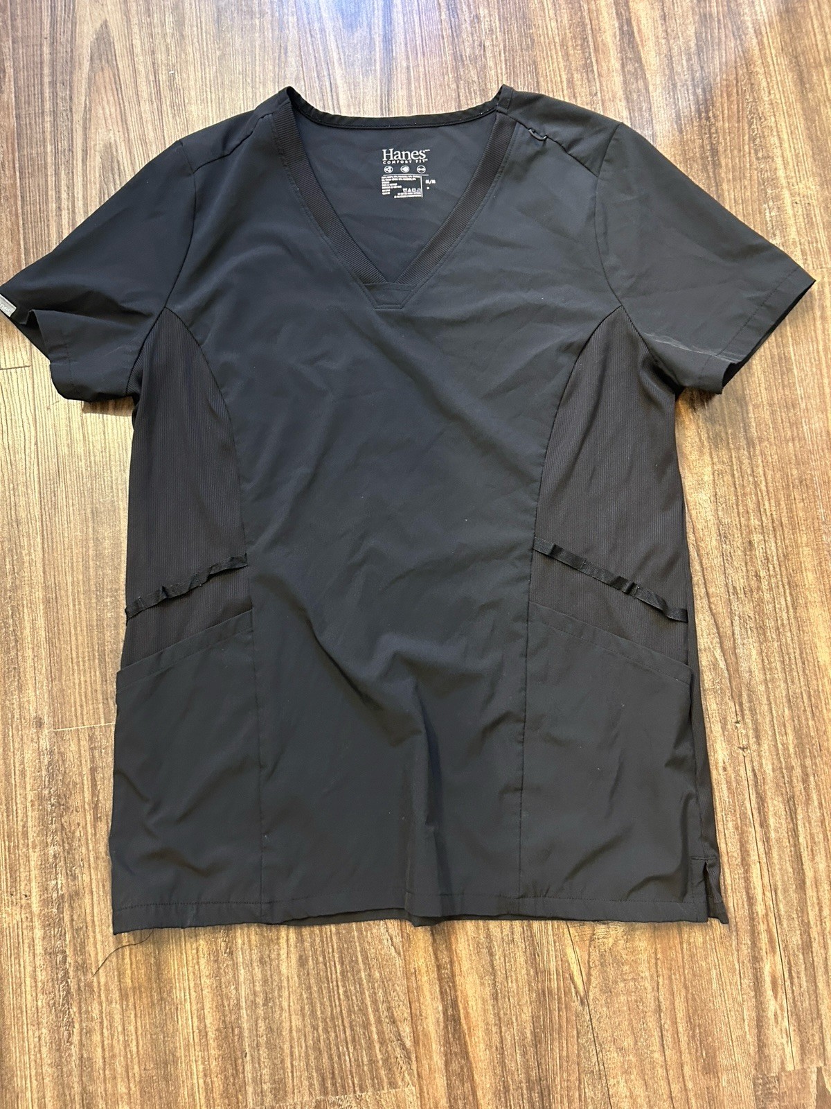 Hanes Comfort Fit Black V-Neck Scrub Top with Multiple Pockets Unisex Size M