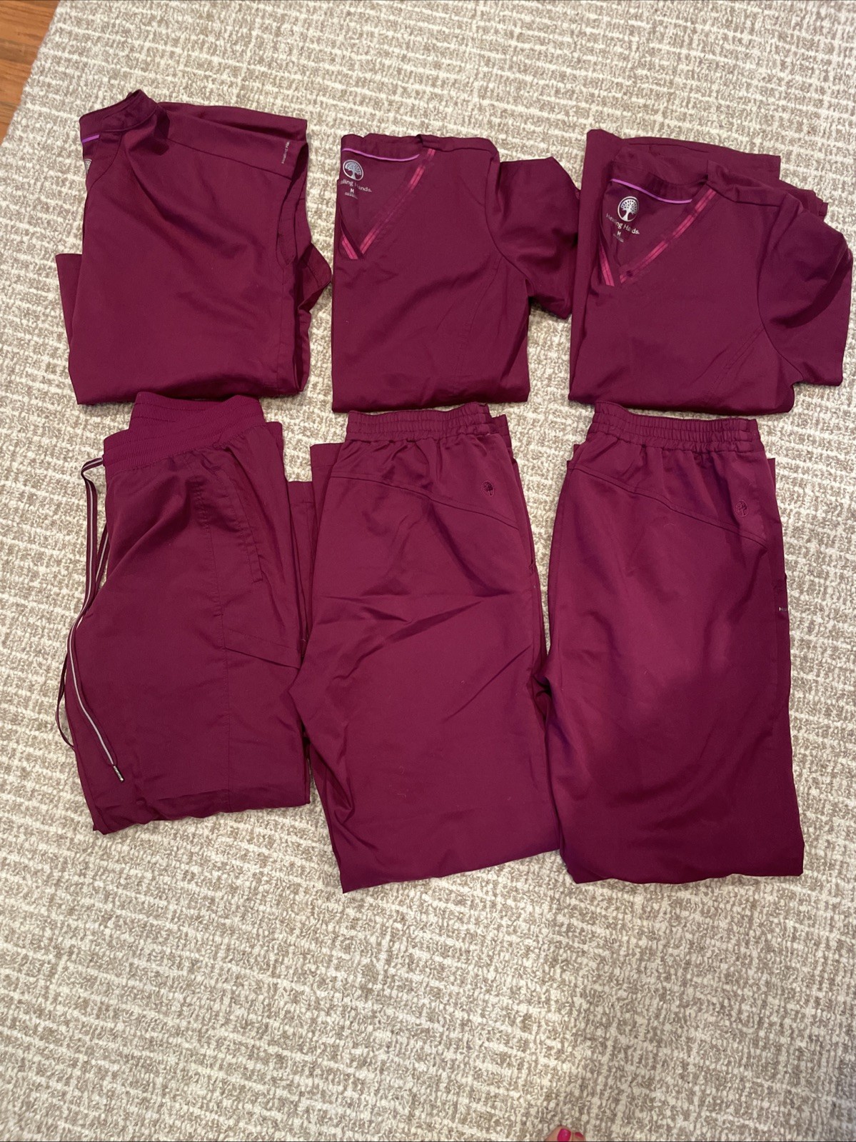 3 sets Of HEALING HANDS Maroon Tops/Bottoms Sz Med.