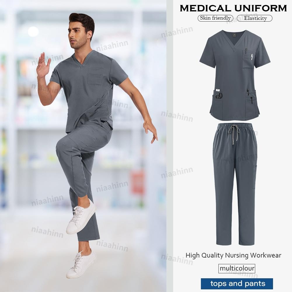 Medical Scrubs Set for Men Jogger Pants Top V-Neck Nursing Uniform with Pockets