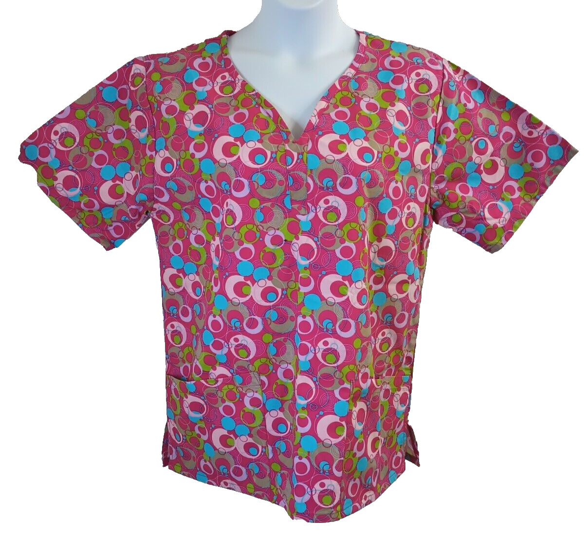 The Scrub Co. Women’s Large Scrub Top Pink Geometric Print Mock Wrap 2 Pocket