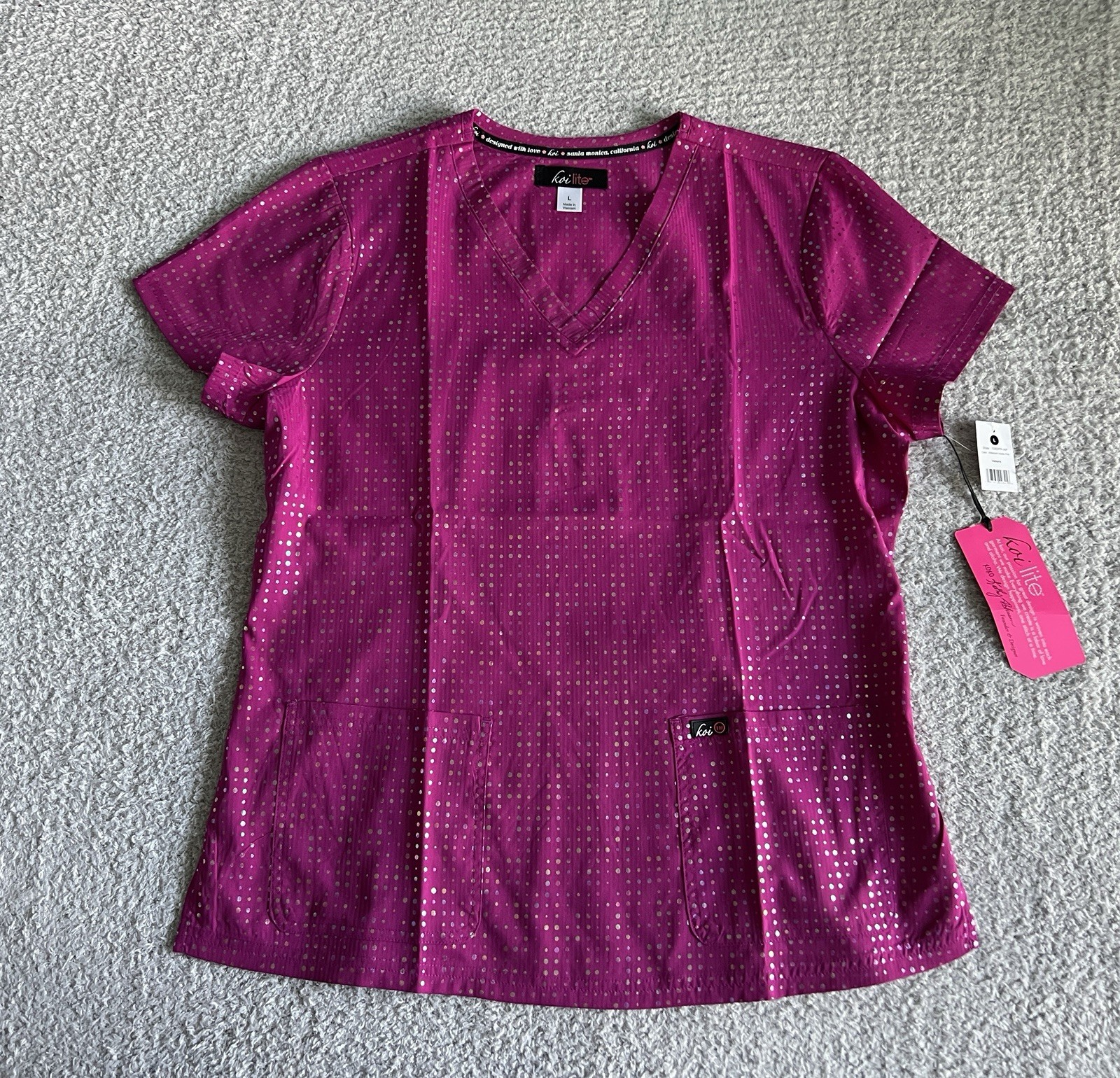Koi Lite Scrub Top Women’s Large Iridescent Azalea Pink Sparkle Nursing Medical
