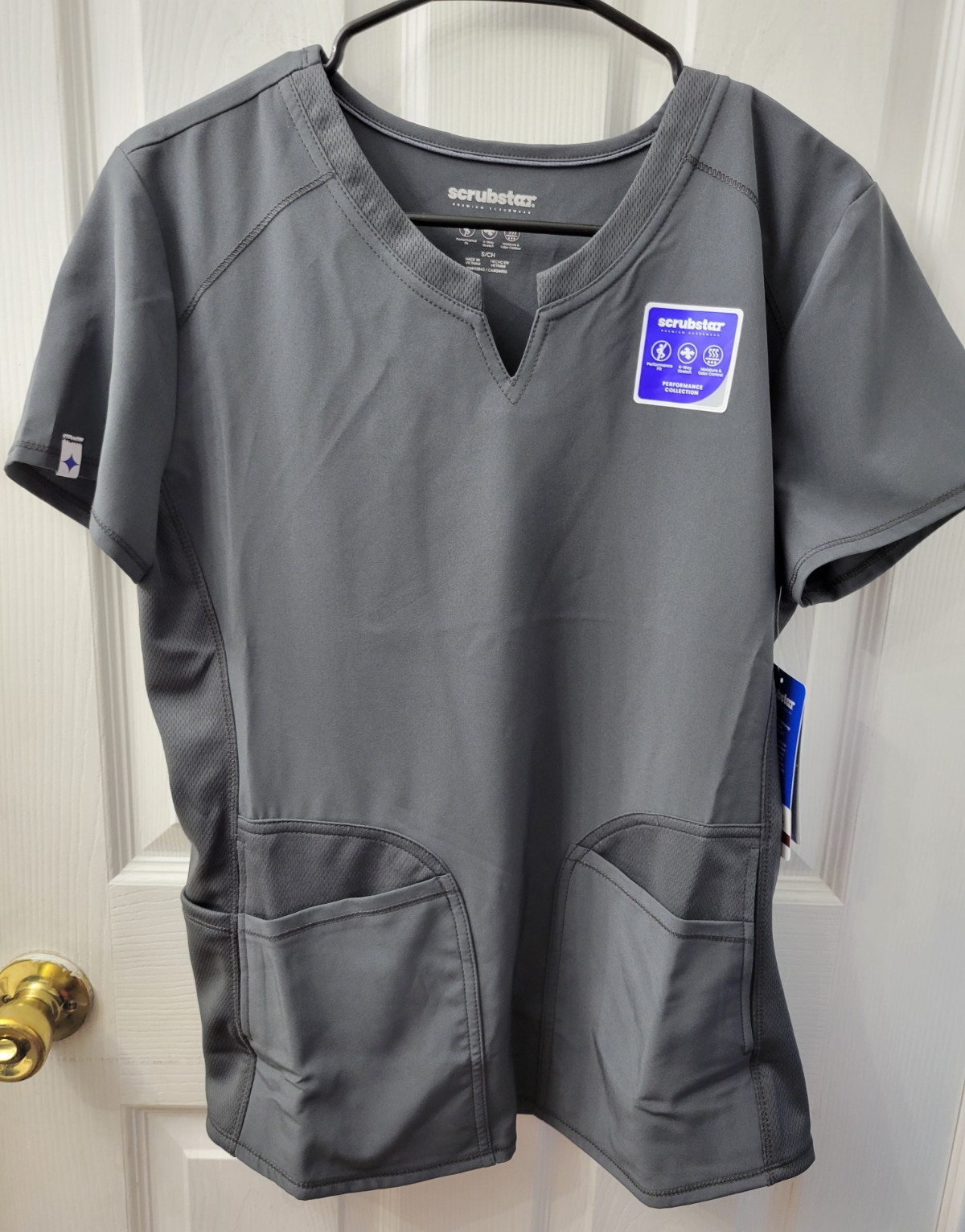 Scrubstar Notch Neck Top Womens Size Small Gray Multiple Pockets NEW with Tags
