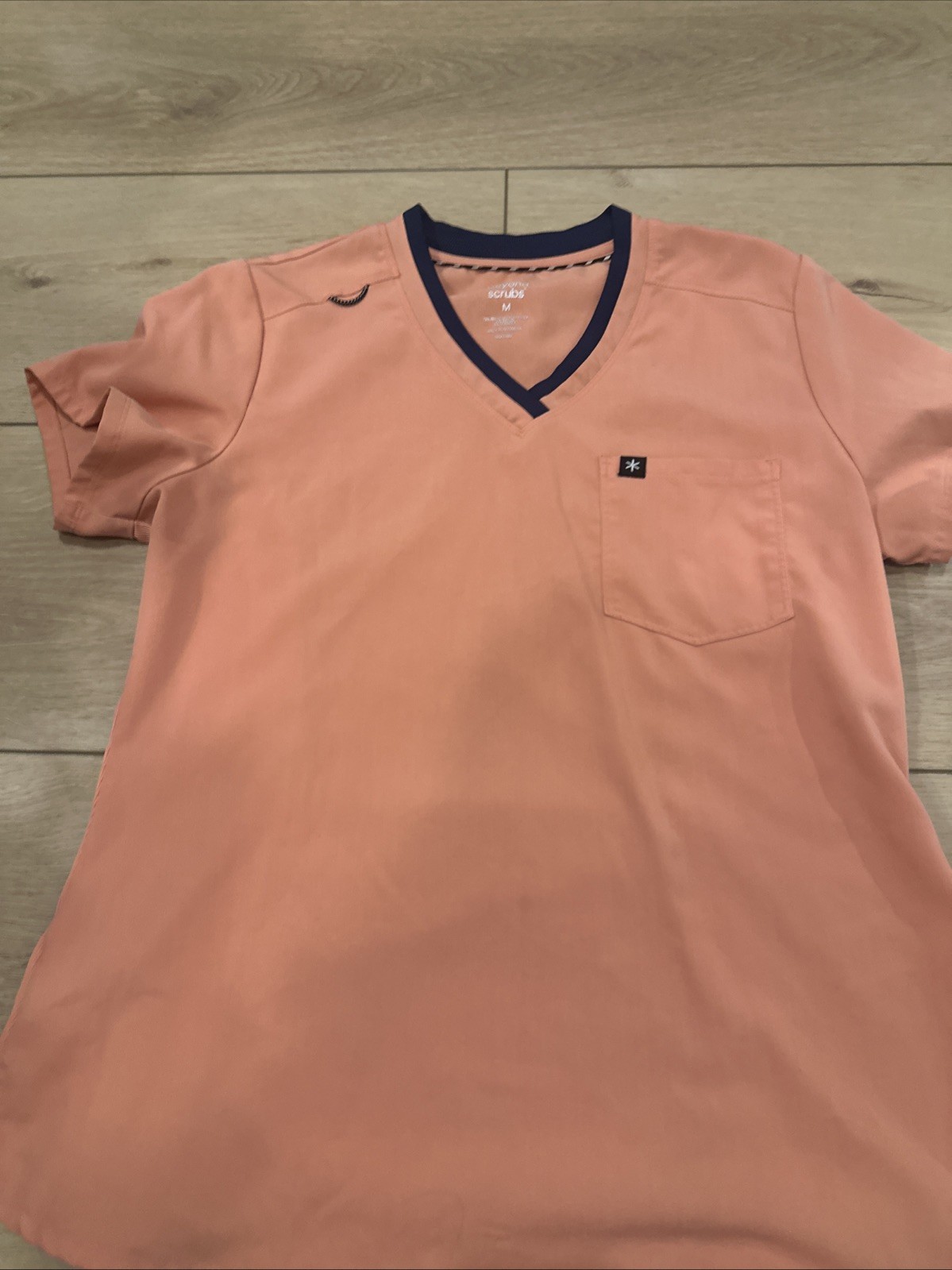 beyond scrubs top Peach With Navy Blue Trim V- Neck One Pocket Tuck In