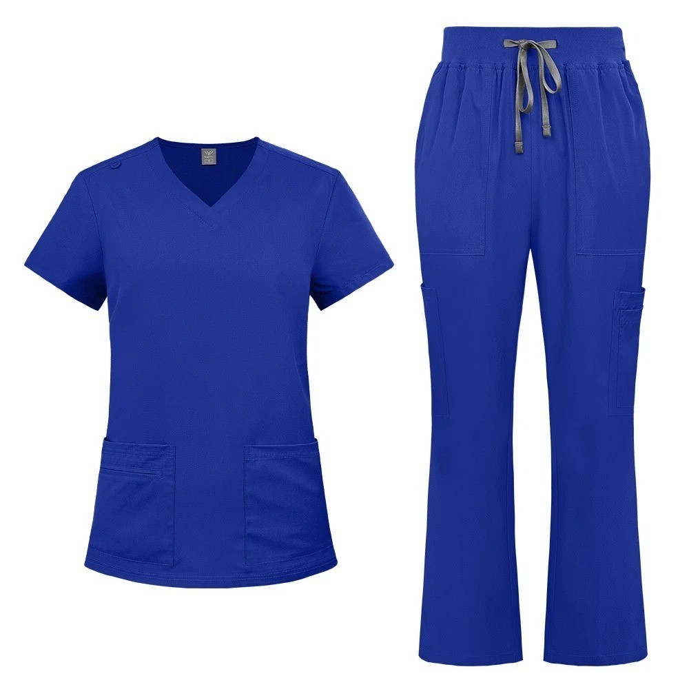 Nursing Medical Scrub Set Flare Pants Drawstring Multi Pocket Comfortable Set