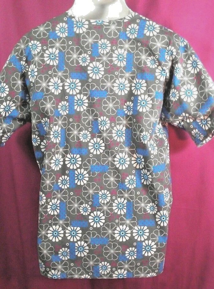THE SCRUB CO Large Scrub Top Gray Turquoise Print Fashion Medical / Vet NWT