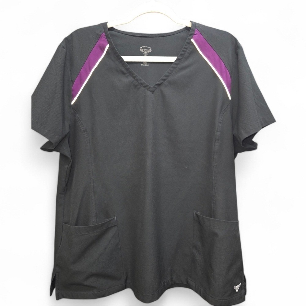 Material Girl by Medgear Scrub Top XL Black Purple V-Neck 2 Pocket Workwear