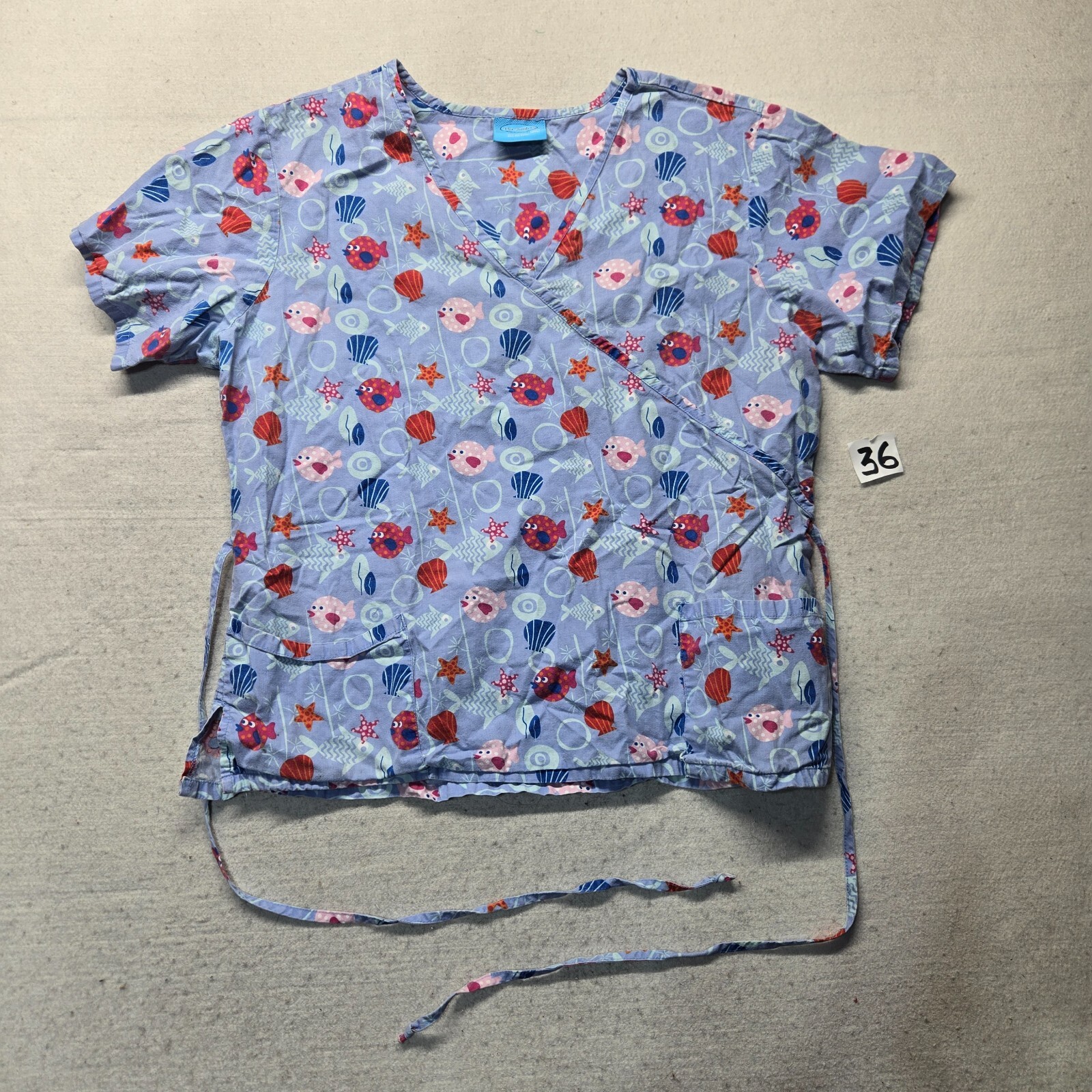 The Scrub Co. Blue Sea Life Scrub Shirt Top Short Sleeve Tie Adult Size 3XL XXXL