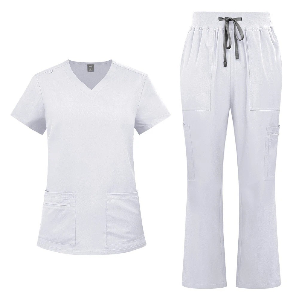 Nursing Medical Scrub Set Flare Pants Drawstring Multi Pocket Comfortable Set