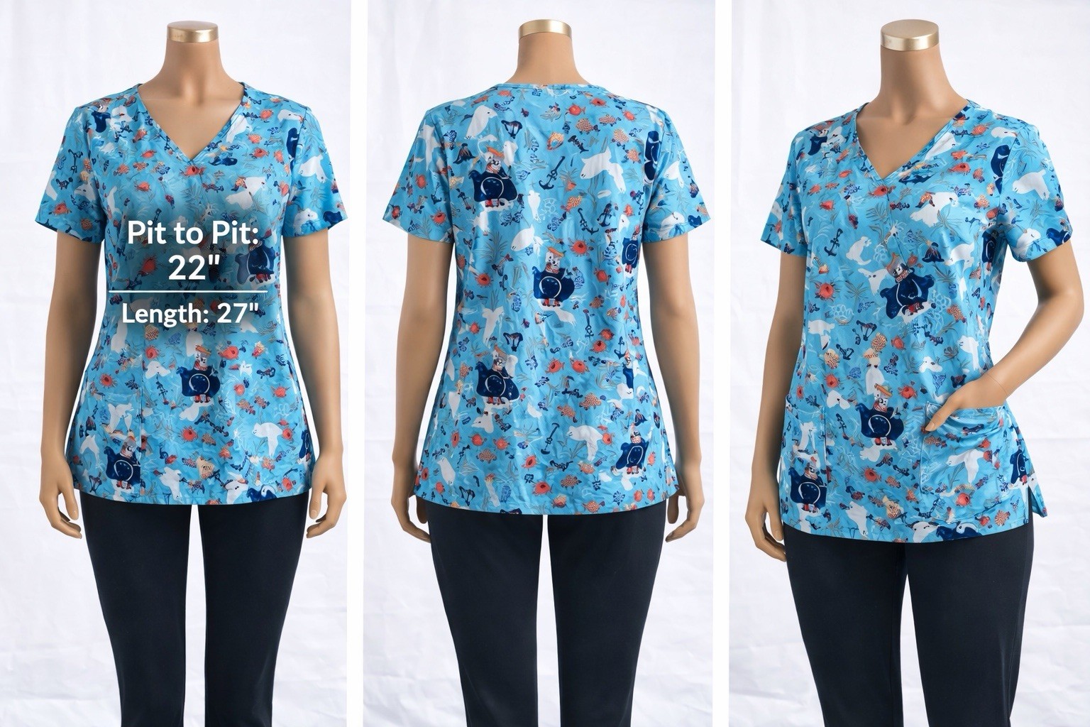 GT Performance XL Blue V-Neck Scrub Top Ocean Print Nursing Healthcare Uniform