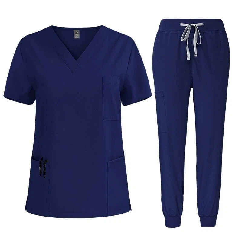 Blue Nurse Scrub Set for Men Medical Uniform Jogger Pants Pockets S M L XL 2XL