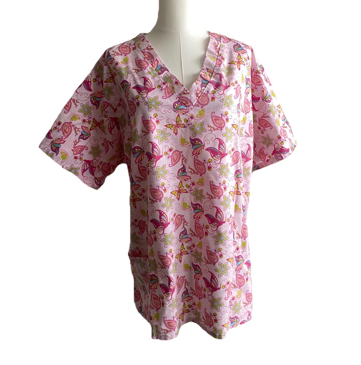 The Scrub Co Womens 3XL Pink Butterfly Floral Paisley Scrub Top V-Neck Medical