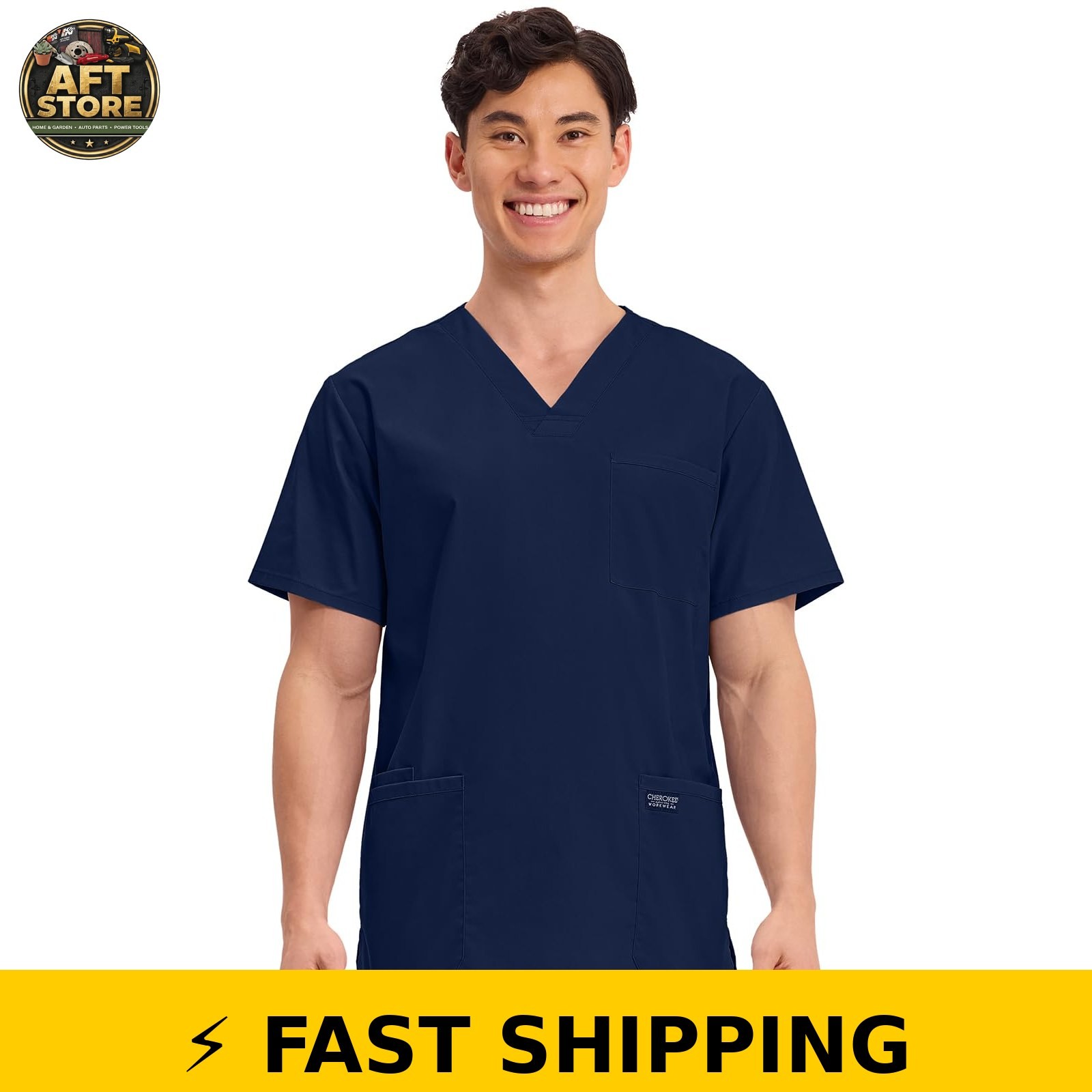 Cherokee Men’s V-Neck Scrub Top M Navy – 4 Pockets, Ultra Soft