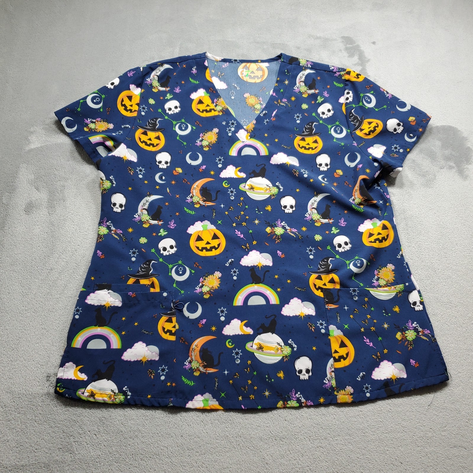 GT Scrub V-neck Top Halloween Spooky Theme Navy Blue Wm Sz M