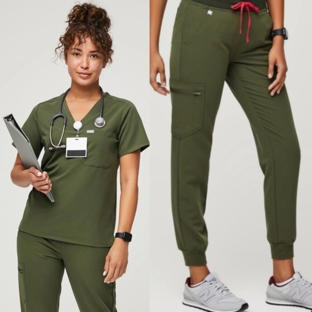 Figs XXS Catarina Top XS Zamora Jogger Pants Dark Olive Scrubs Limited Edition