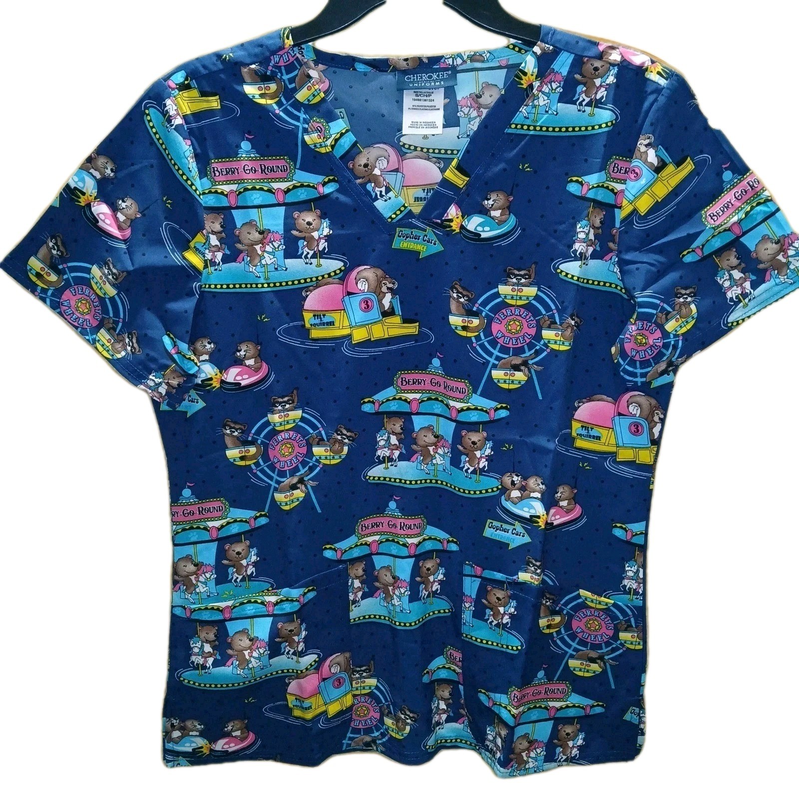Cherokee Medical Uniforms Scrub Top V-Neck Navy Blue Bear Carnival Print Size S
