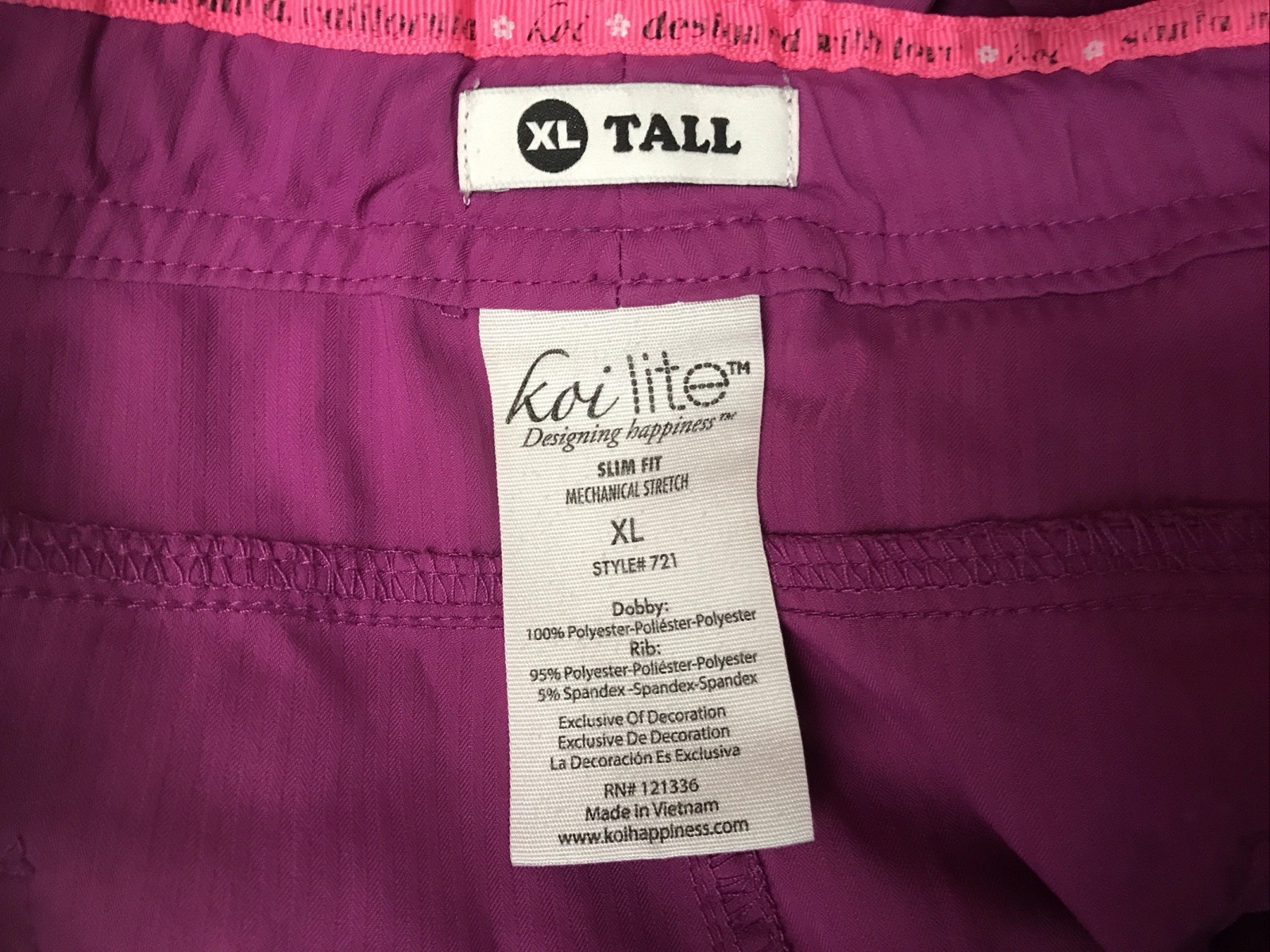 Koi Lite Women’s Peace Scrub Pants Magenta Purple Slim Fit 721-R Size XL Tall