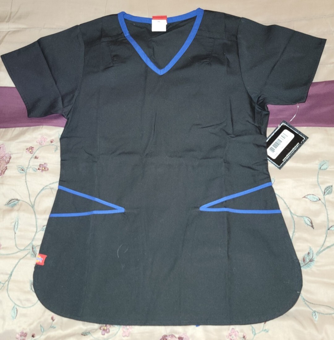 Dickies Womens Medical Scrub V Neck Top Black W Galaxy Blue Trim XSmall NEW