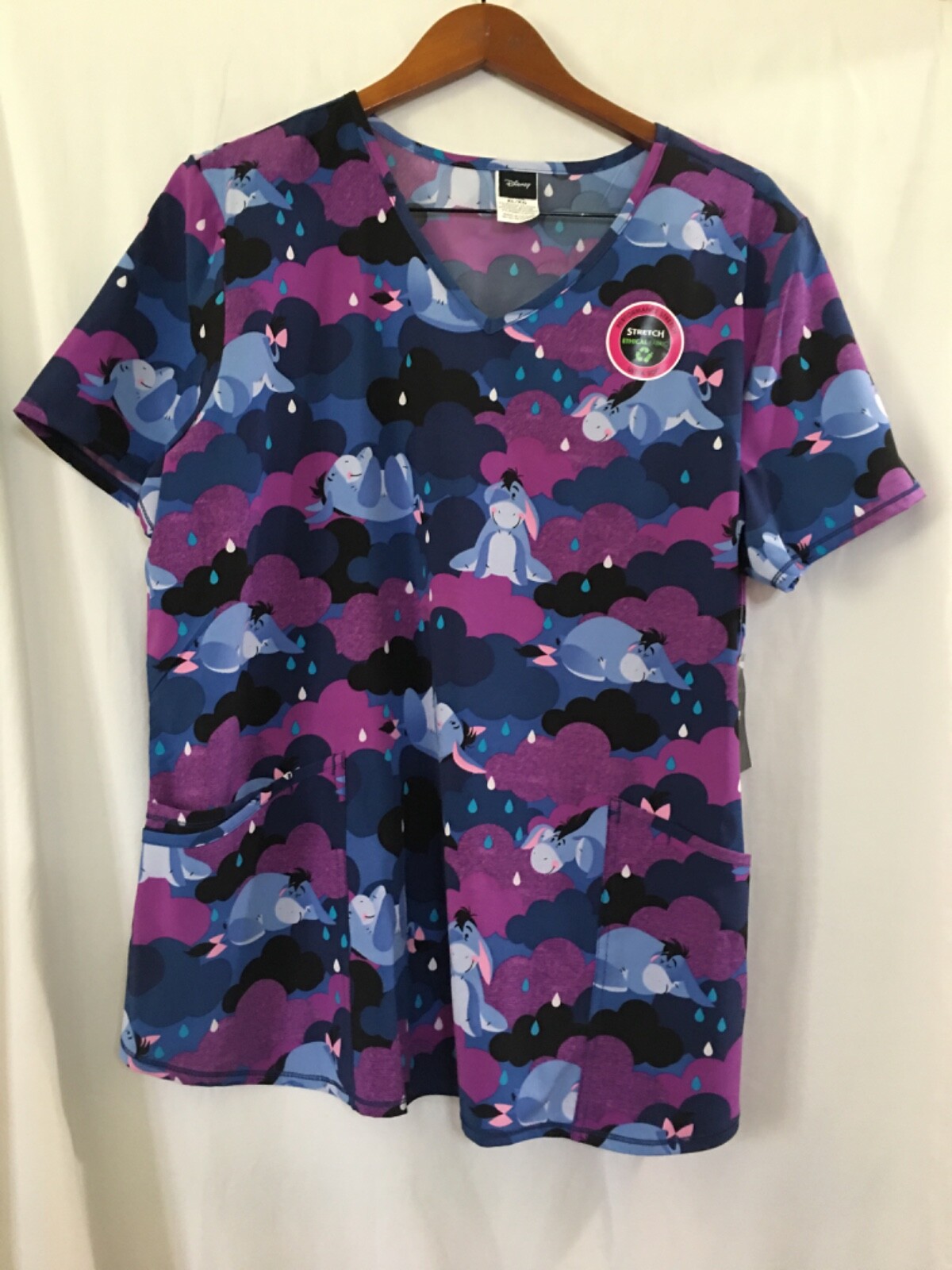 DISNEY Eeyore Women’s V-Neck Stretch Pockets Scrub Top Indigo many sizes NEW