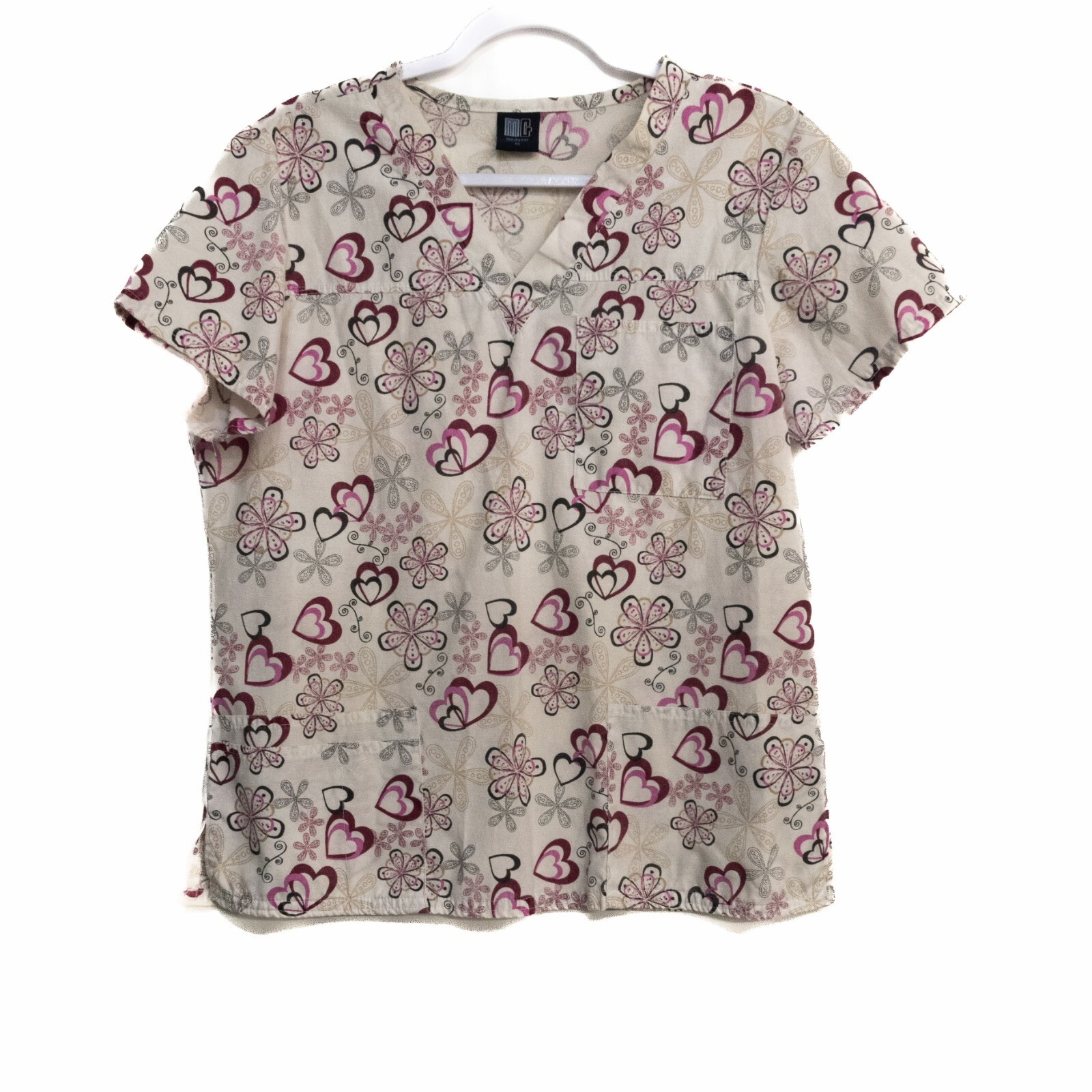 Med Gear Womens White Pink Scrub Top Floral Hearts V-Neck Short Sleeve Size M