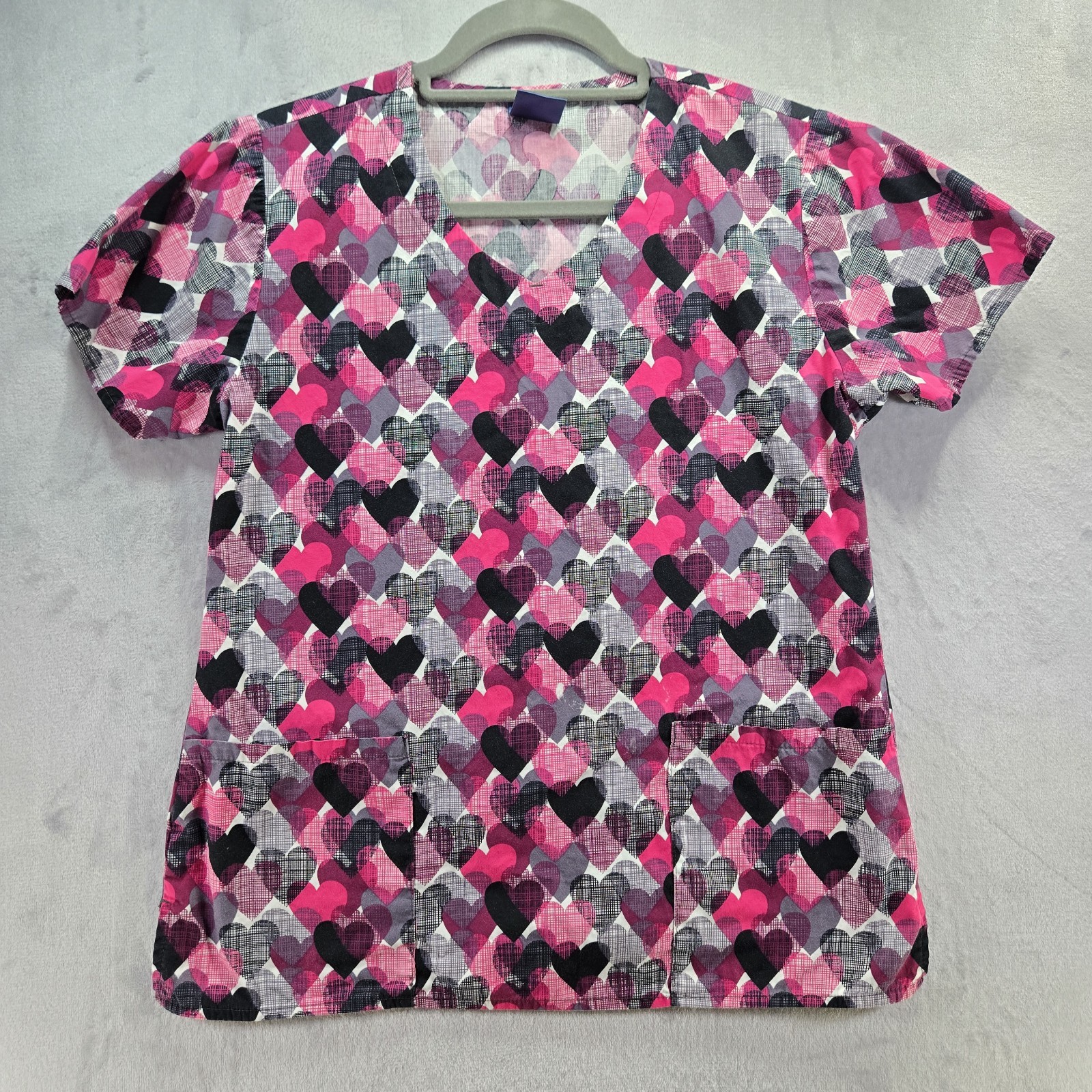 ZOE + CHLOE Scrub Top Women’s Size S Black Pink Hearts Medical *READ DESCR.*