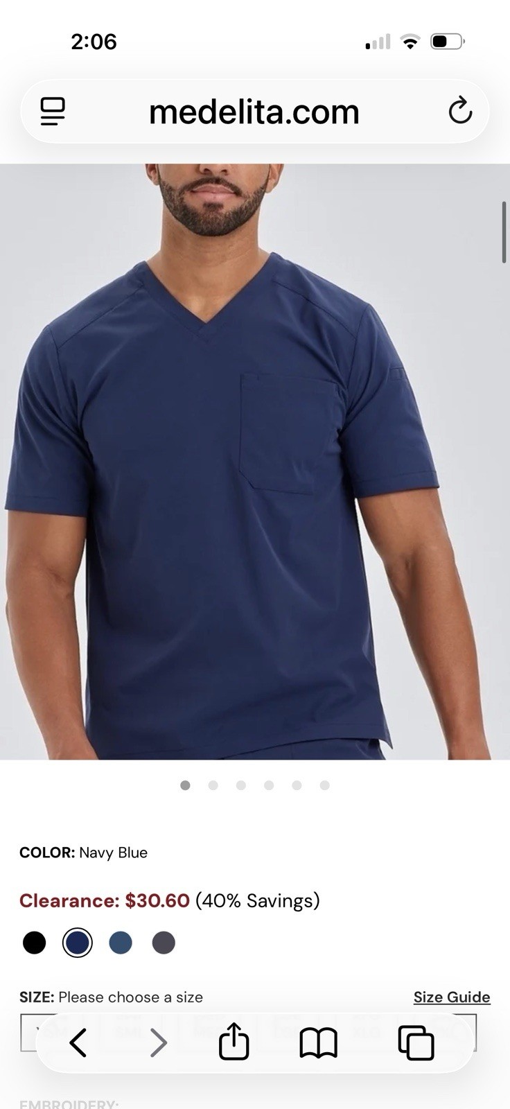 MedeLita Men’s Navy Blue V-Neck Scrub Top Chest Pocket Size M Poly Blend