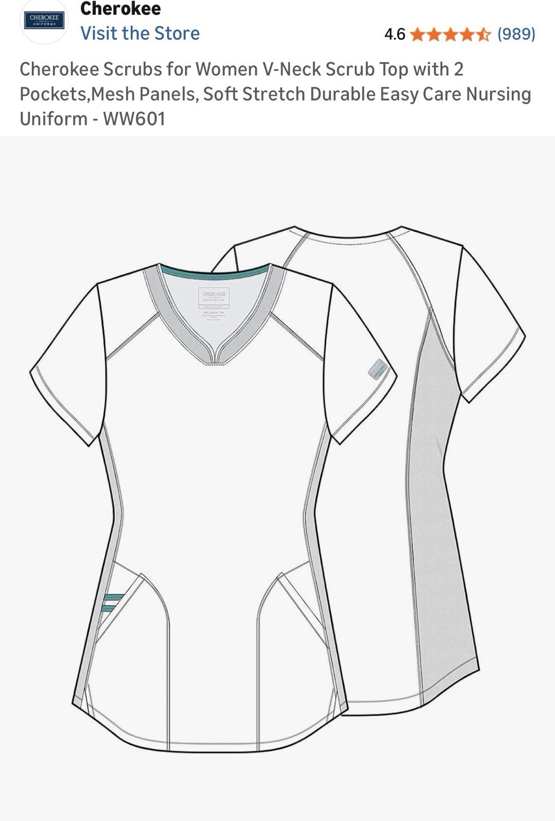 Cherokee Scrubs V-Neck Scrub Top 2 Pockets Mesh Panels WW601 Women’s SMALL TEAL