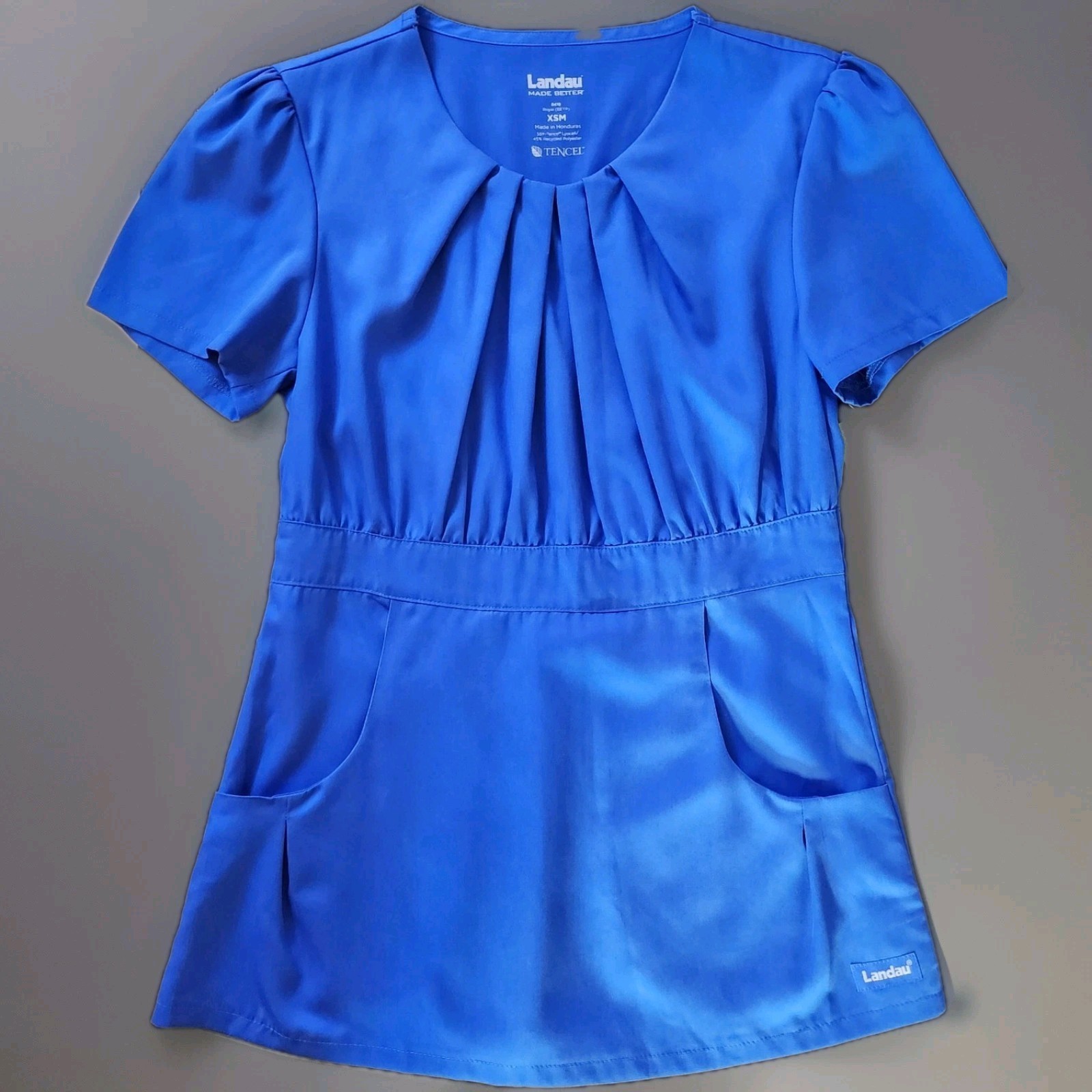 Landau Scrub Top Tencel Royal Blue Round Neck Soft Pleat Style 8418 Size XS NWT