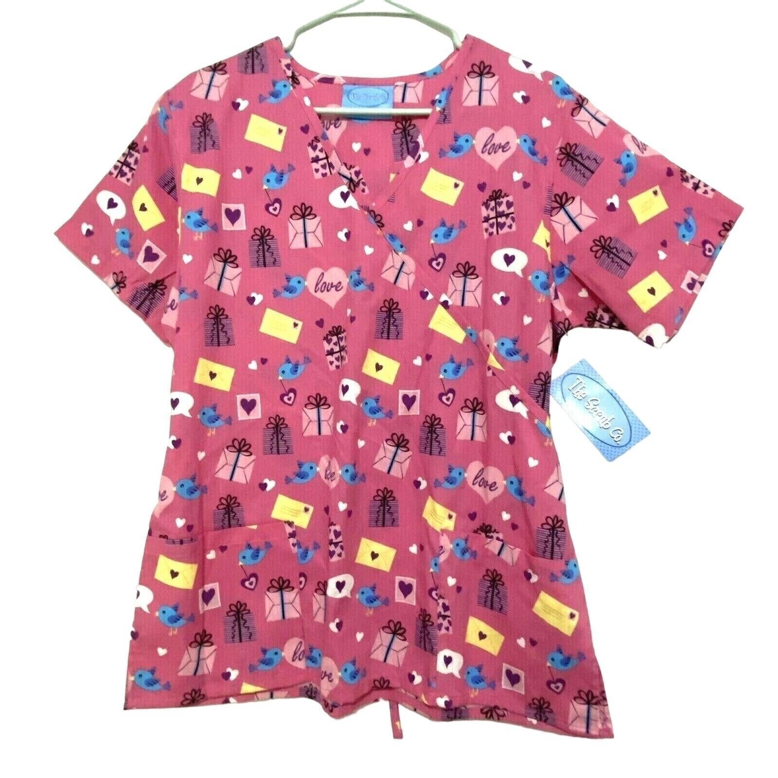 The Scrub Co Valentine Top M Pink Nurse Vet Tech Medical Uniform Hearts Birds
