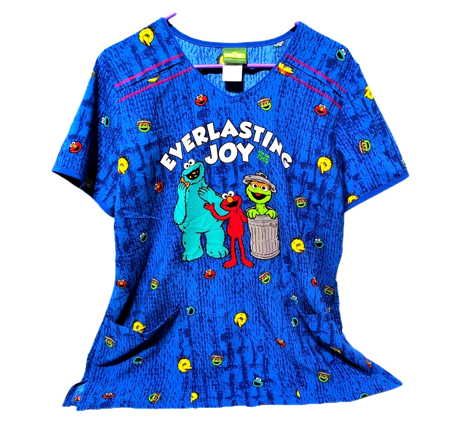 Sesame Street Scrub Top sz Large 2 Pocket Everlasting Joy