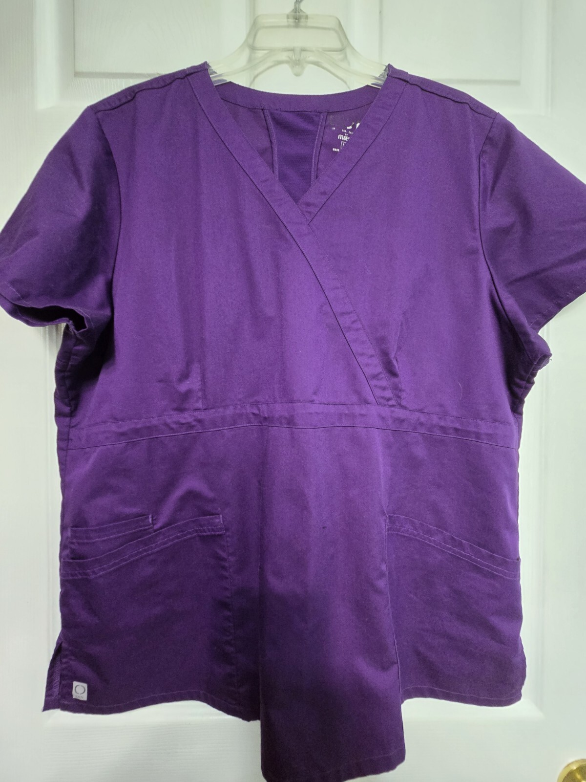 EON By Maevn Scrub Top Womens Size XL-Purple/Eggplant Mock Wrap-Chest 25″/L 28″