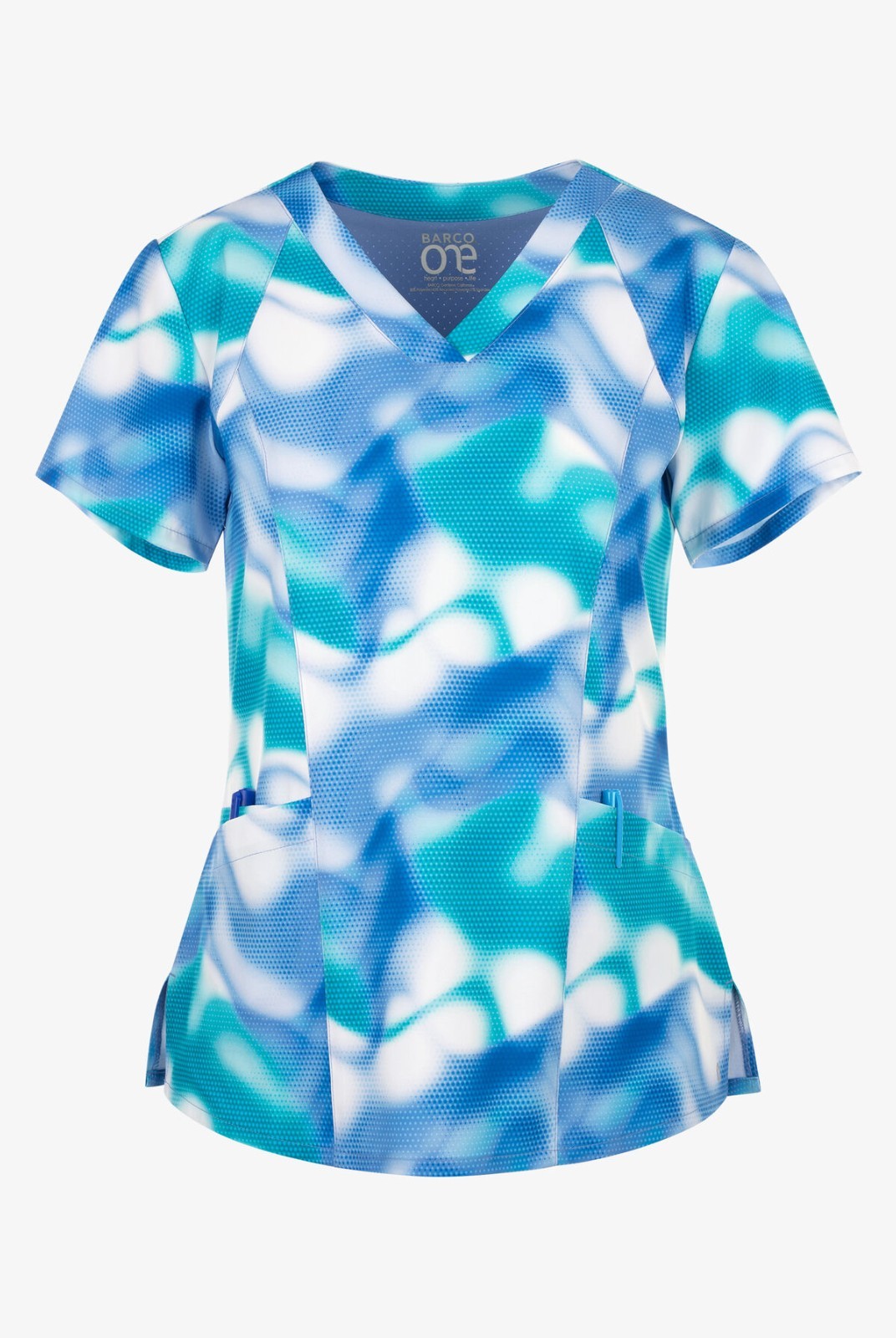 BARCO ONE WOMENS SPANDEX STRECTH 4 POCKET PRINT TOP AZURA WAVES (AZRW) #5107 NWT