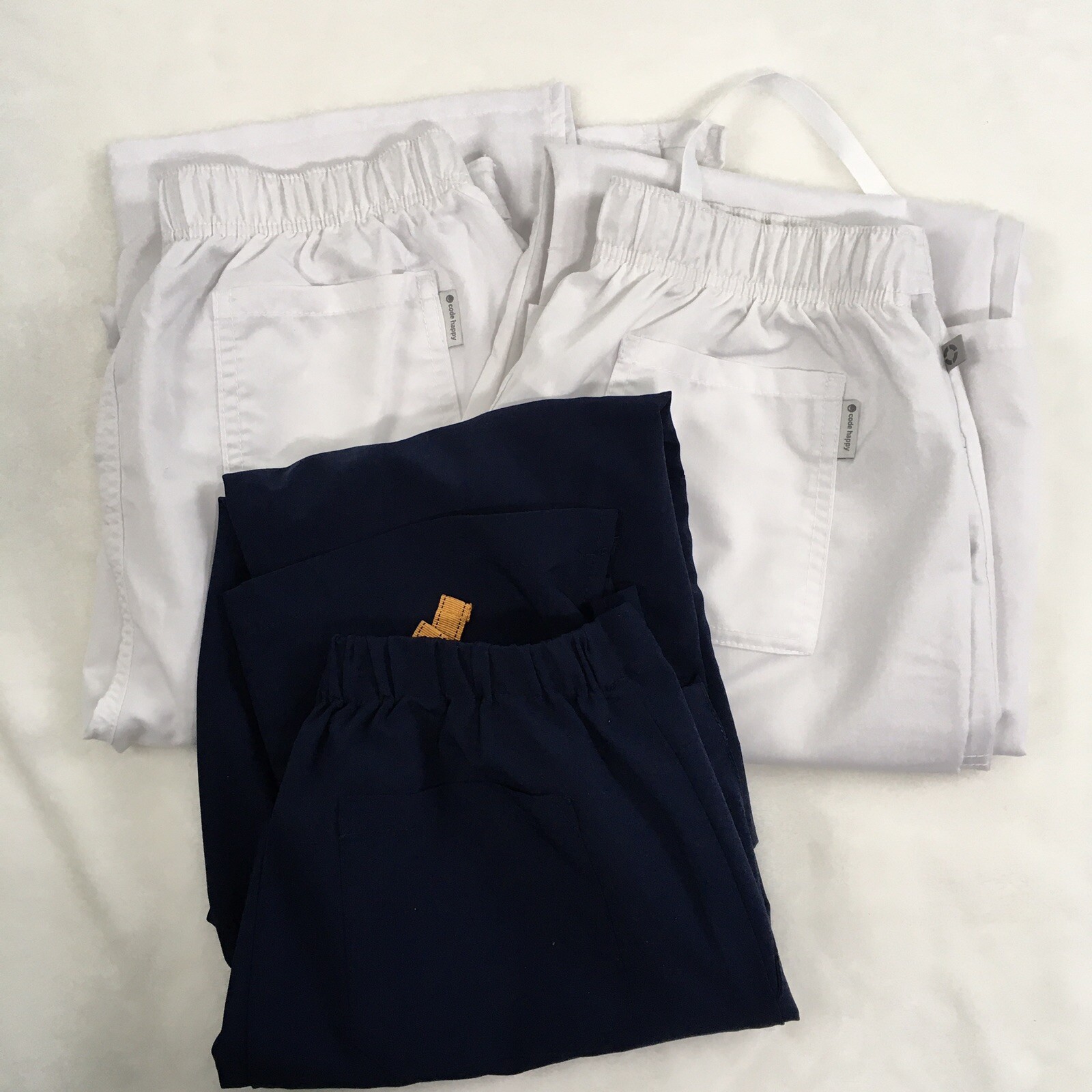 3 Scrubs Pants Size S (2 – White Code Happy) (1 – Dark Blue Joy Scrubs) *Flaws**