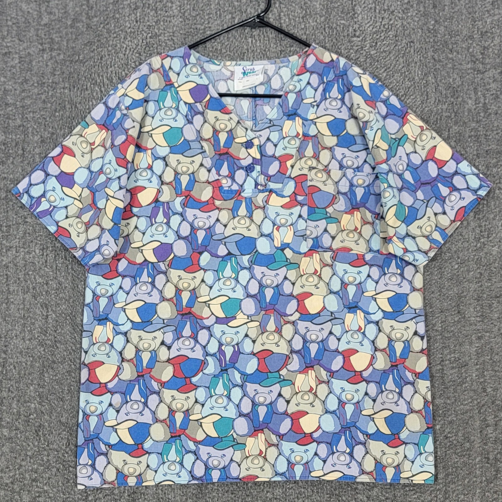 Scrub Wear Scrub Top Womens Large Blue Multi-Color Bears Print V Neck Nurse