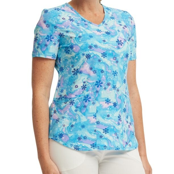Scrub Star Women’s Aurora Snowflakes Top Blue Size Medium NWT