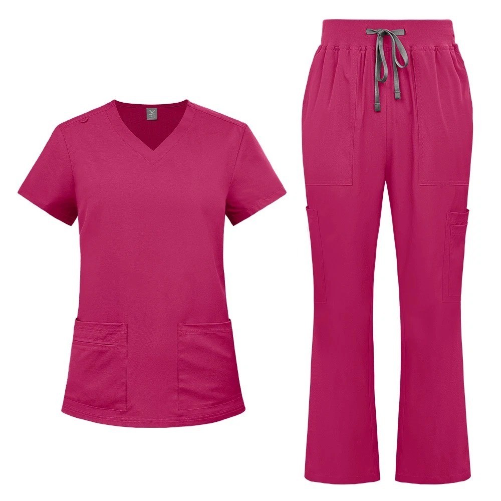 Nursing Medical Scrub Set Flare Pants Drawstring Multi Pocket Comfortable Set
