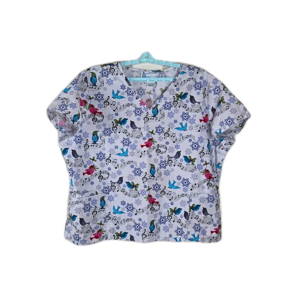 SB Scrubs Women 3X Plus Size Medical Scrub Top White Song Bird Print Pullover