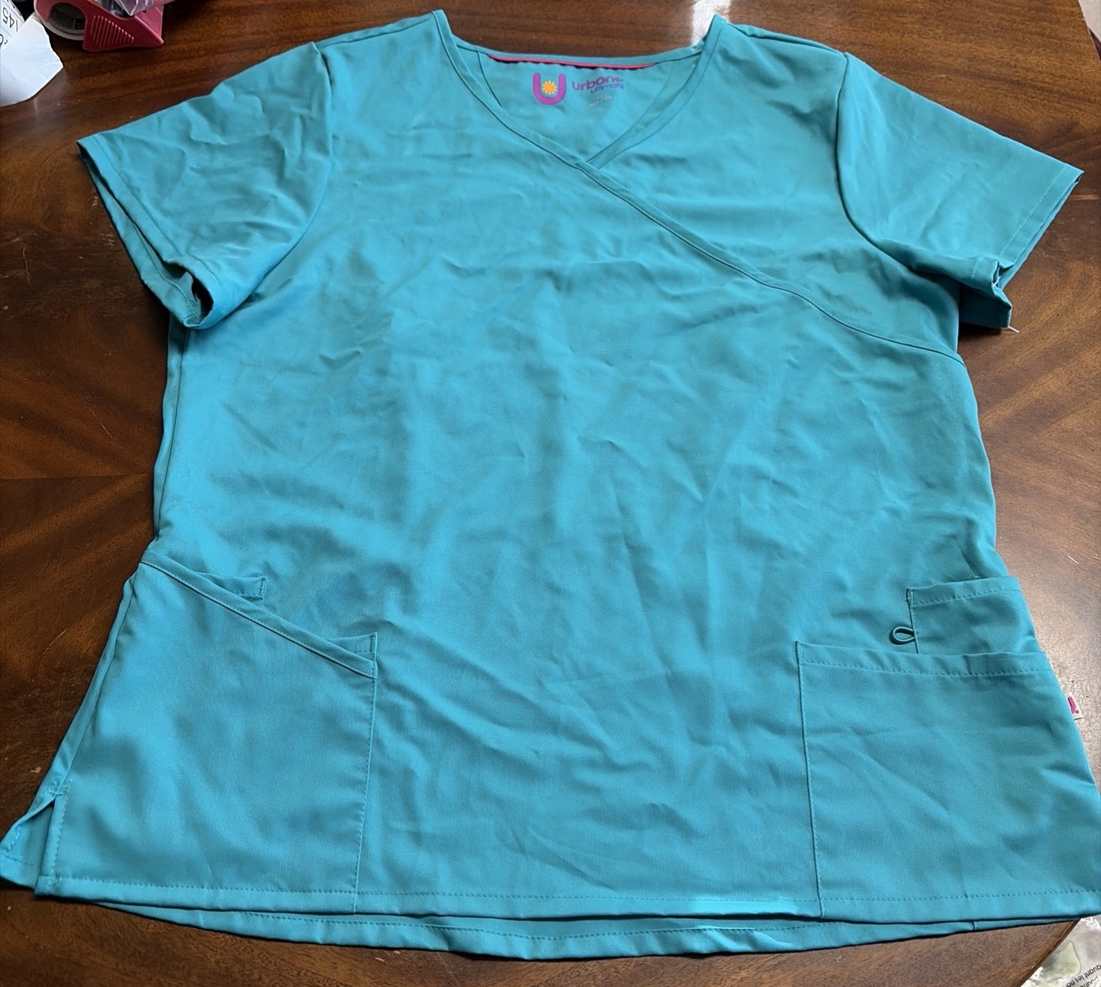 Urbane Ultimate Mock Wrap Scrub Top Size XL Double Pocket Workwear Teal
