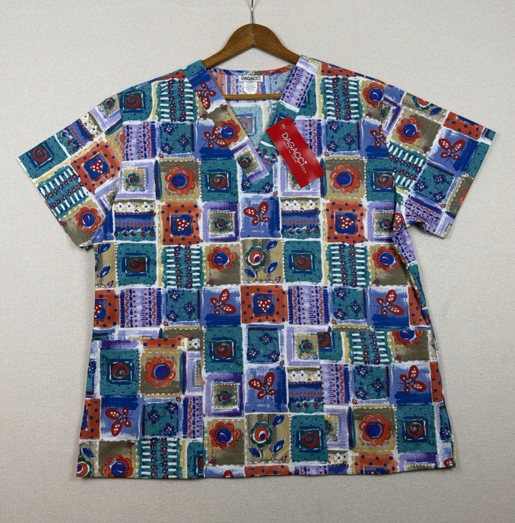 New Dagacci U.S.A. Multi-Color Floral Short Sleeve Scrub Top Large Abstract Geo
