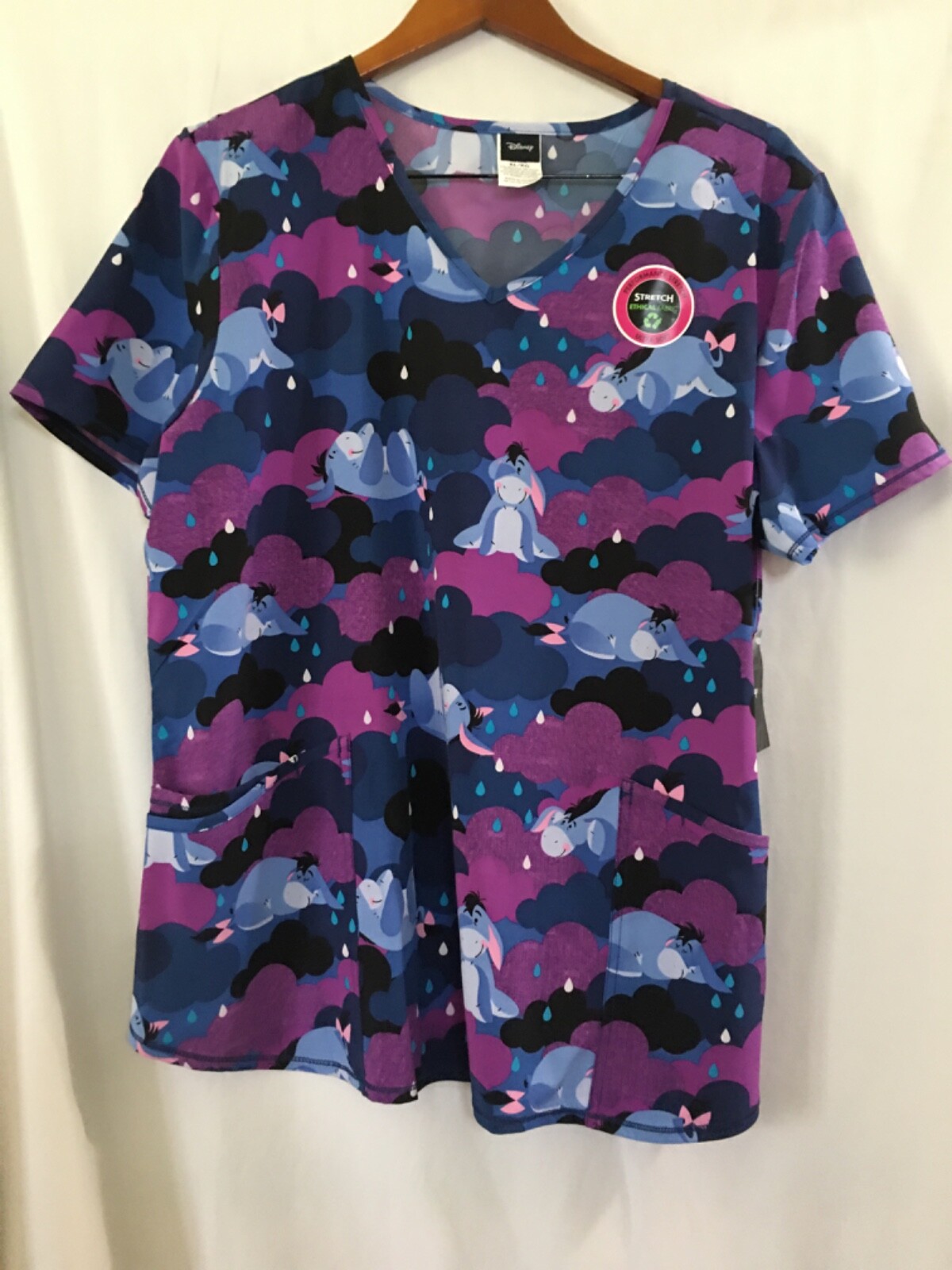 DISNEY Eeyore Women’s V-Neck Stretch Pockets Scrub Top Indigo many sizes NEW