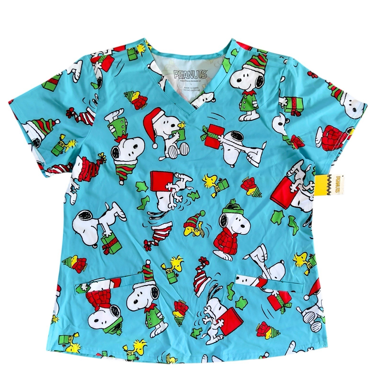 Peanuts Snoopy Christmas Womens L Blue Graphic Scrub Top NWT Licensed V-neck