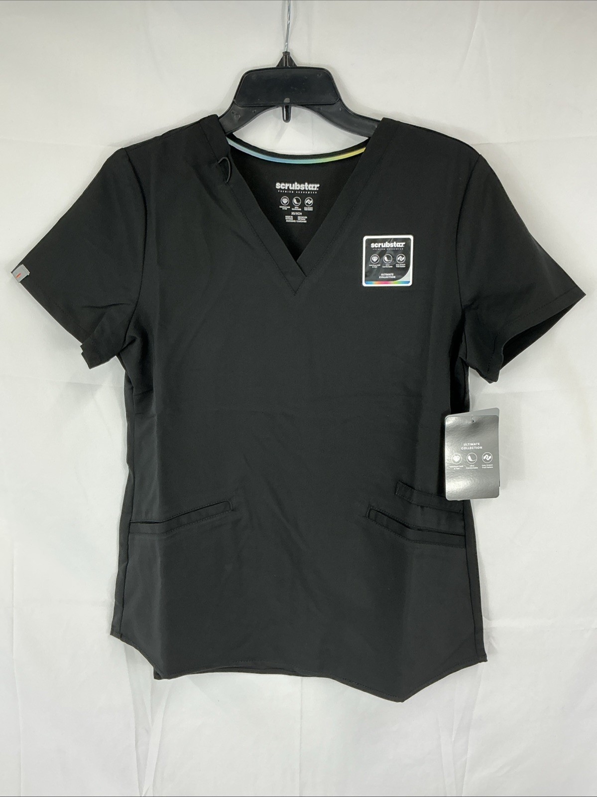 NWT Scrubstar Ultimate Women’s XS V-Neck Scrub Top Black 3 Pockets Stretch