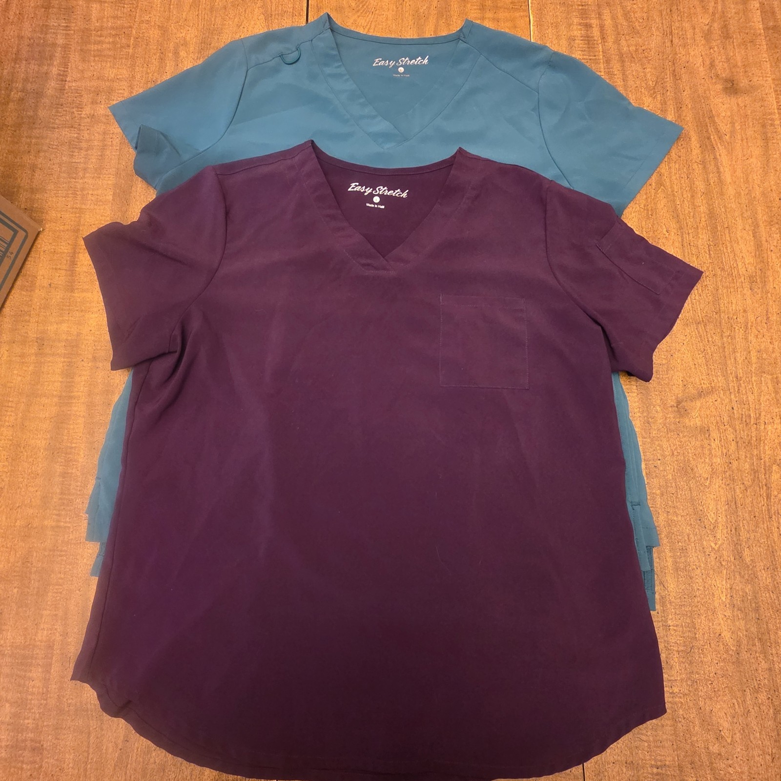 LOT OF 2 Easy Stretch Women’s L Scrub Top NURSING NURSE RN MEDICAL TOPS POCKETS