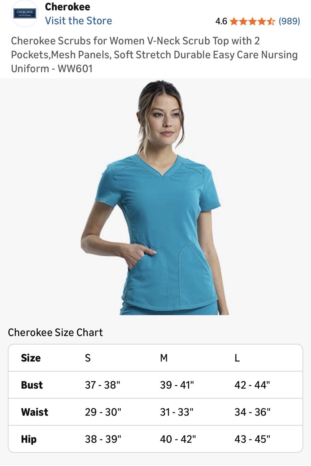 Cherokee Scrubs V-Neck Scrub Top 2 Pockets Mesh Panels WW601 Women’s SMALL TEAL