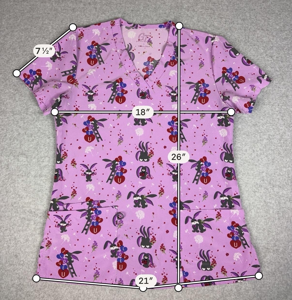 GT Performance Scrub Top Womens Small Purple Bunny Love Print V Neck Pockets