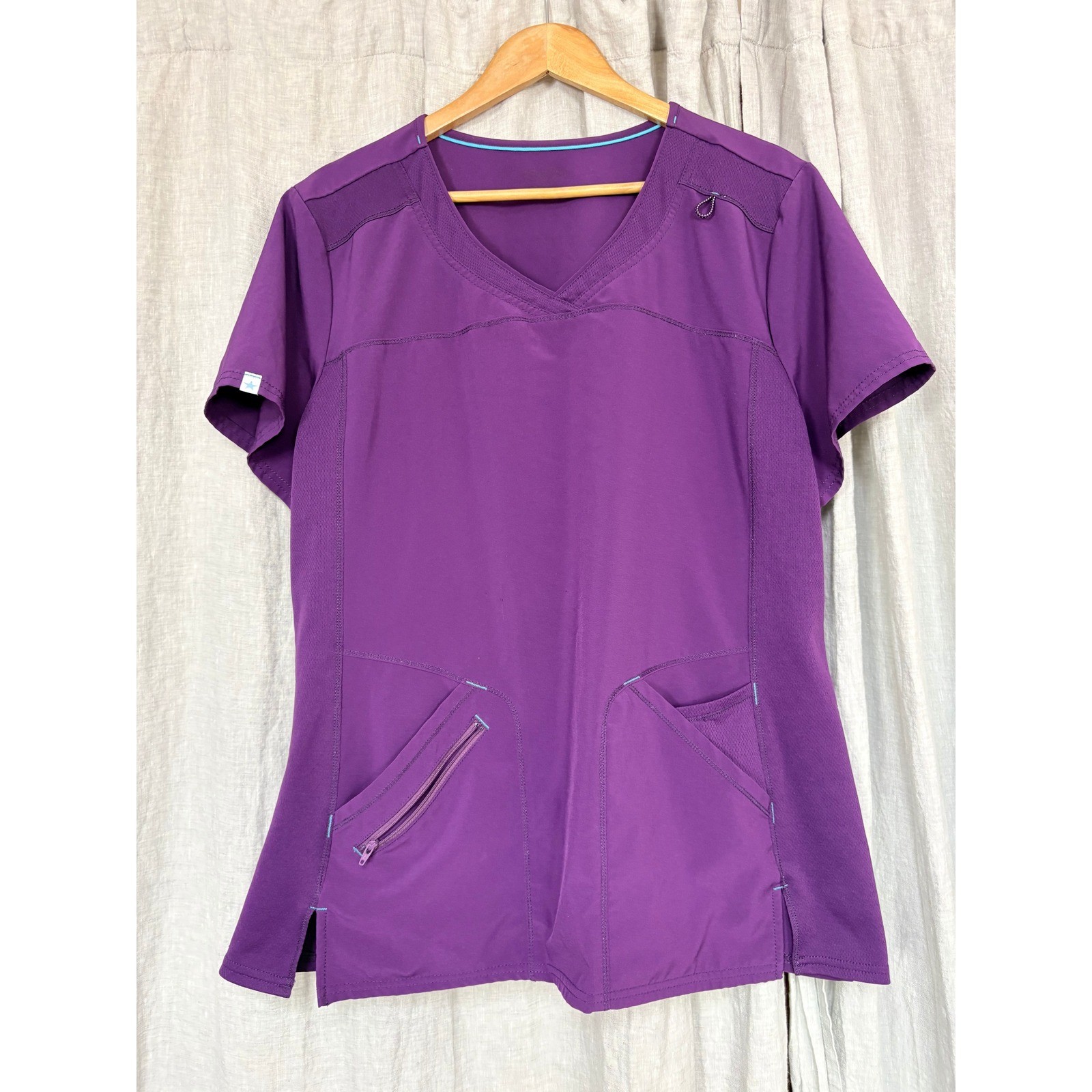 Healing Hands Purple V-Neck Mesh Panel Scrub Top Women XL Zipper Pocket